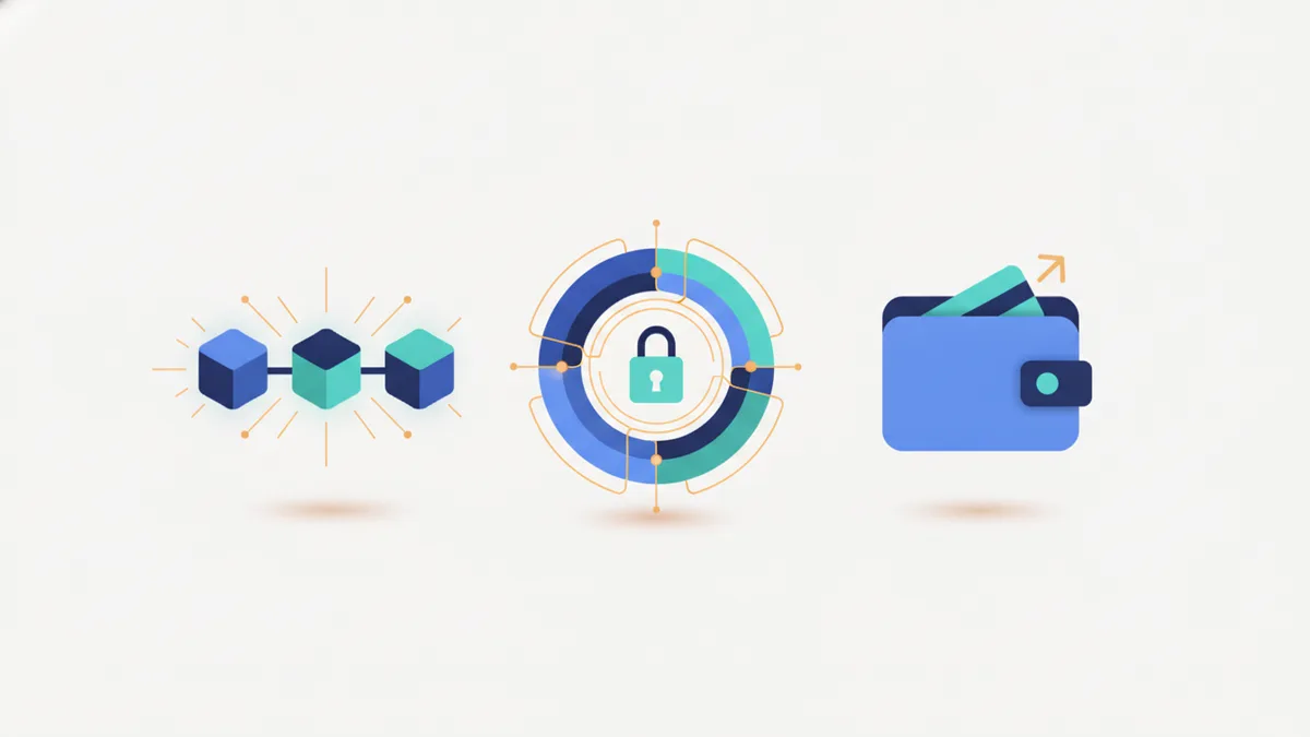 Moneda digital con un símbolo cripto rodeada de nodos de una cadena de bloques