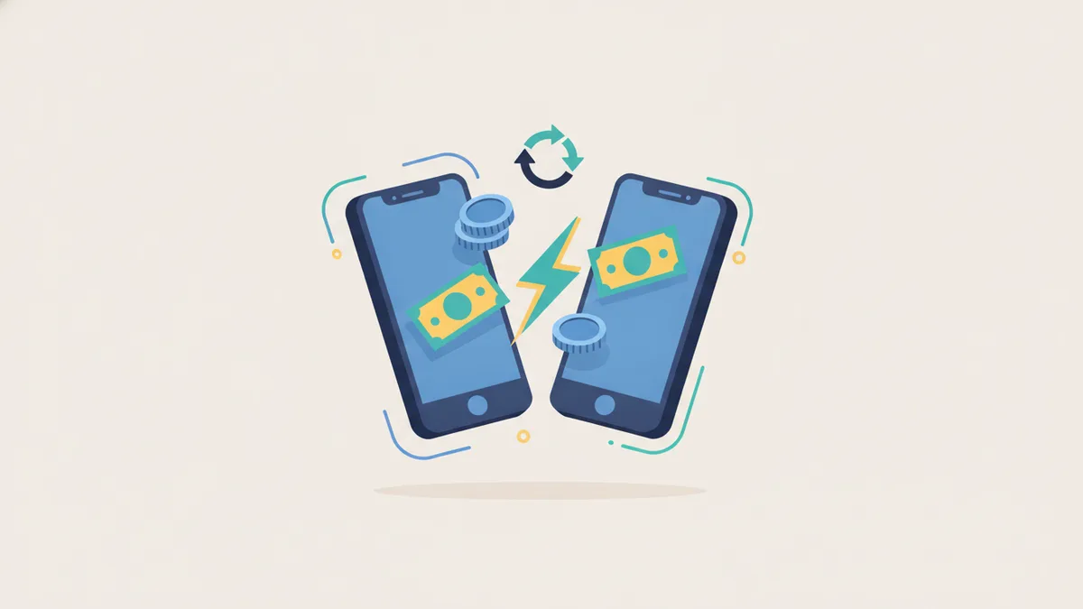 Dos móviles intercambiando dinero al instante mediante un pago digital