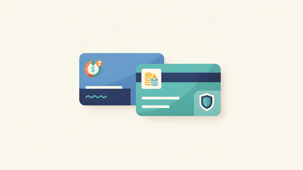 Dos tarjetas bancarias enfrentadas representando la comparación entre crédito y débito